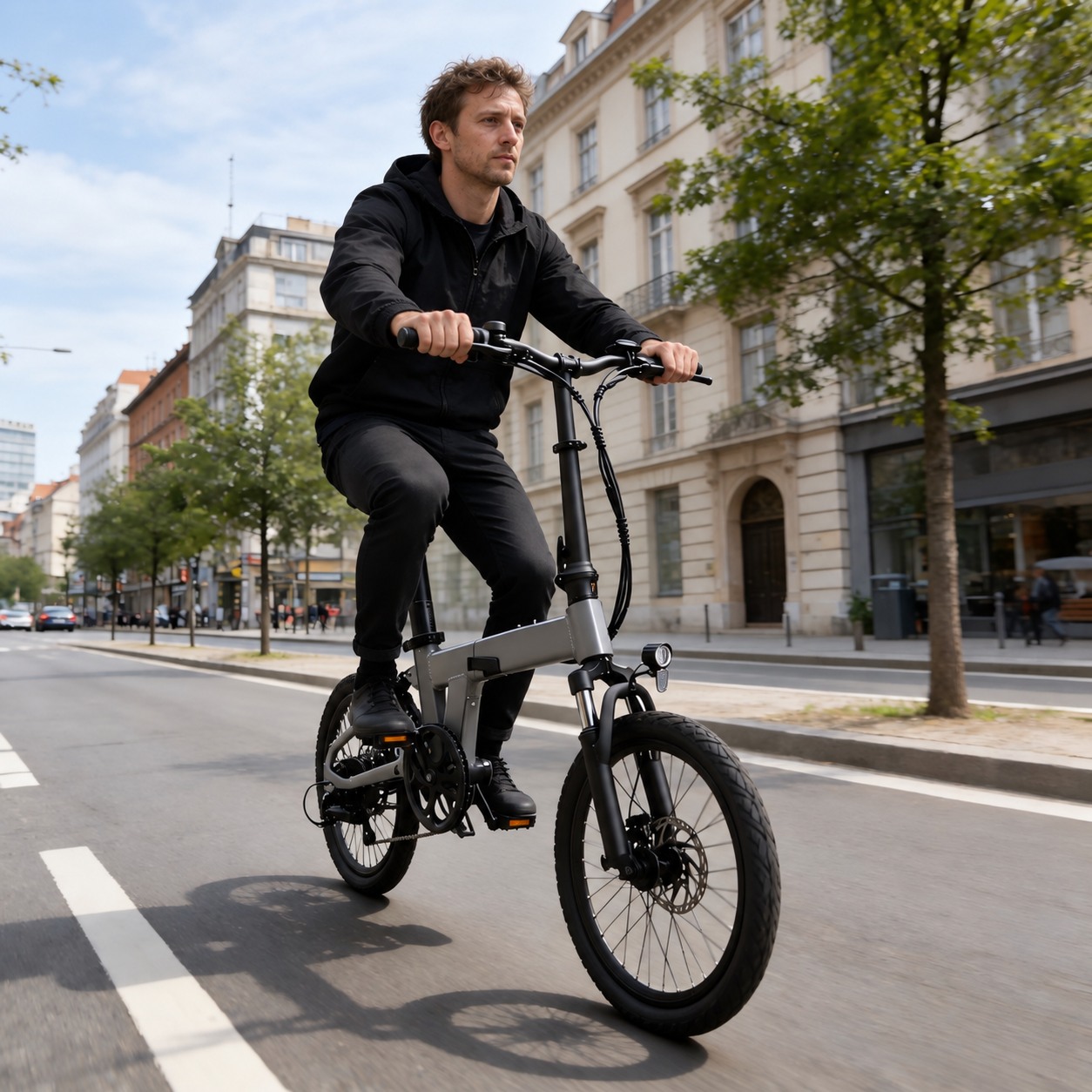 Lifestyle scene of an adult riding a grey folding e-bike on a city street